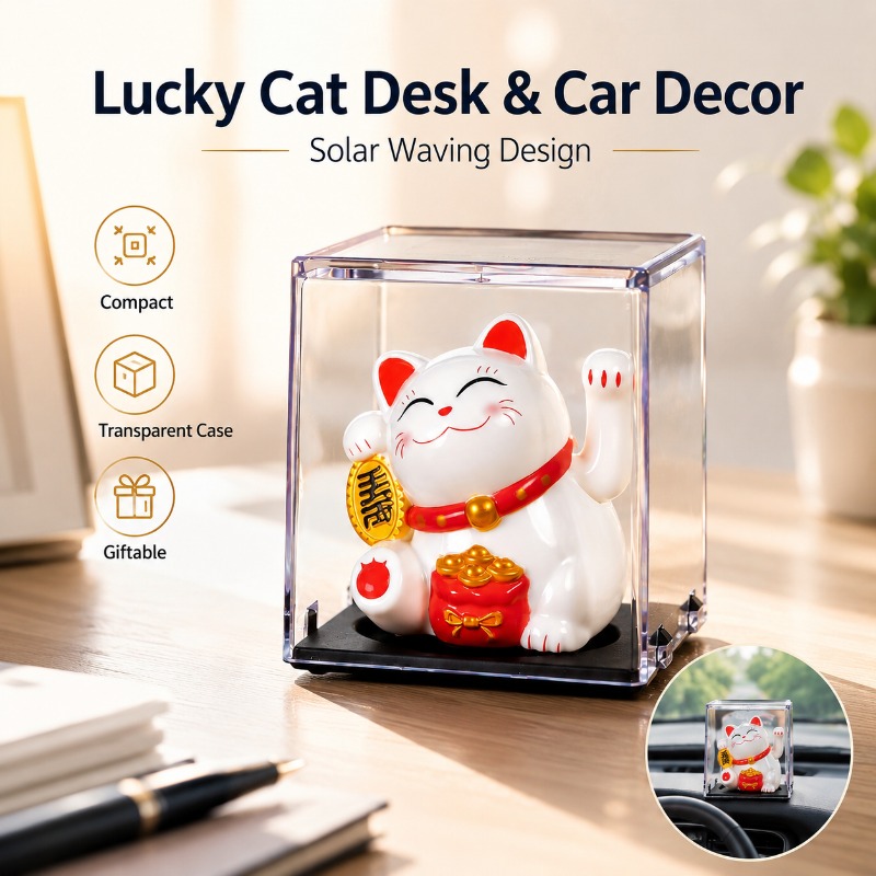 Cubicle Shelf Organizer - Mini Solar Lucky Cat Waving Arm